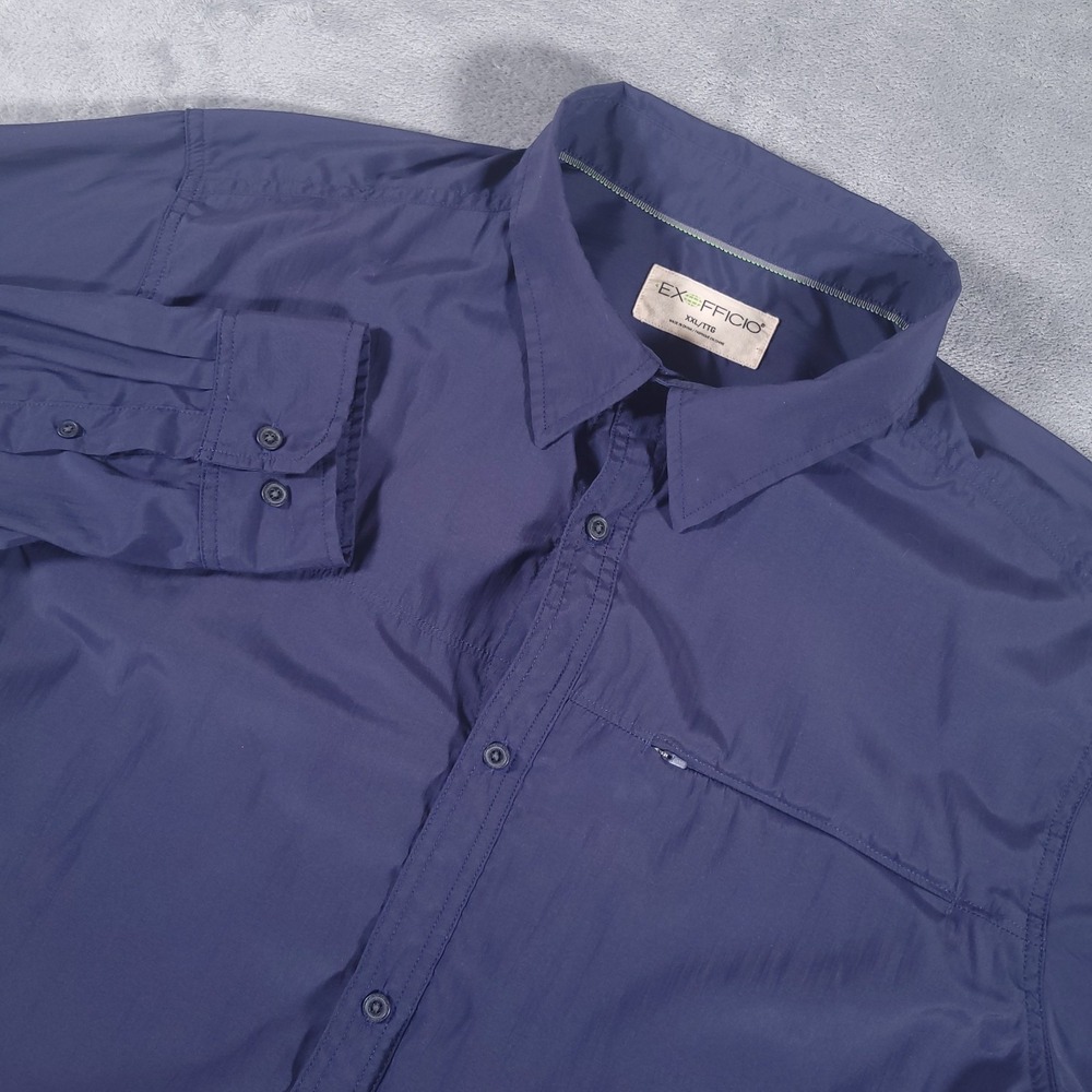 ExOfficio Shirt Men 2XL XXL Blue Long Sleeve Lightweight Travel Poly Nylon Blend